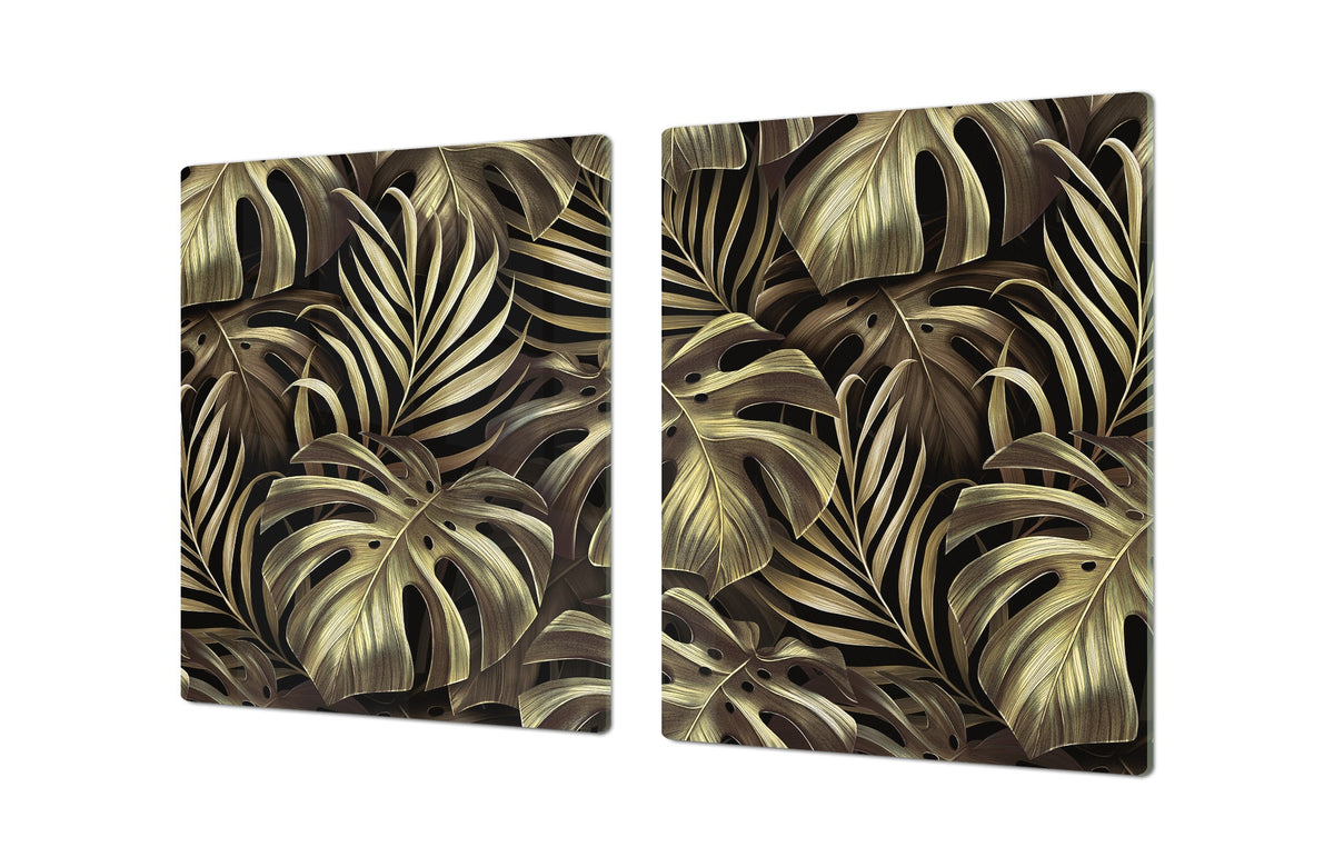 BIG KITCHEN BOARD & Induction Cooktop Cover – Glass Pastry Board – SINGLE: 80 x 52 cm (31,5” x 20,47”); DOUBLE: 40 x 52 cm (15,75” x 20,47”); DD41 Tropical Leaves Series: Exotic vintage