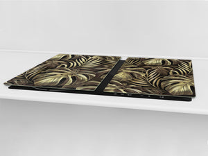 BIG KITCHEN BOARD & Induction Cooktop Cover – Glass Pastry Board – SINGLE: 80 x 52 cm (31,5” x 20,47”); DOUBLE: 40 x 52 cm (15,75” x 20,47”); DD41 Tropical Leaves Series: Exotic vintage