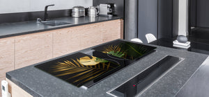 BIG KITCHEN BOARD & Induction Cooktop Cover – Glass Pastry Board – SINGLE: 80 x 52 cm (31,5” x 20,47”); DOUBLE: 40 x 52 cm (15,75” x 20,47”); DD41 Tropical Leaves Series: Leaves texture on black background