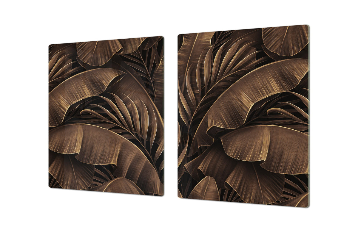 BIG KITCHEN BOARD & Induction Cooktop Cover – Glass Pastry Board – SINGLE: 80 x 52 cm (31,5” x 20,47”); DOUBLE: 40 x 52 cm (15,75” x 20,47”); DD41 Tropical Leaves Series: Bronze banana leaves