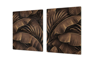 BIG KITCHEN BOARD & Induction Cooktop Cover – Glass Pastry Board – SINGLE: 80 x 52 cm (31,5” x 20,47”); DOUBLE: 40 x 52 cm (15,75” x 20,47”); DD41 Tropical Leaves Series: Bronze banana leaves