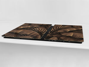 BIG KITCHEN BOARD & Induction Cooktop Cover – Glass Pastry Board – SINGLE: 80 x 52 cm (31,5” x 20,47”); DOUBLE: 40 x 52 cm (15,75” x 20,47”); DD41 Tropical Leaves Series: Bronze banana leaves