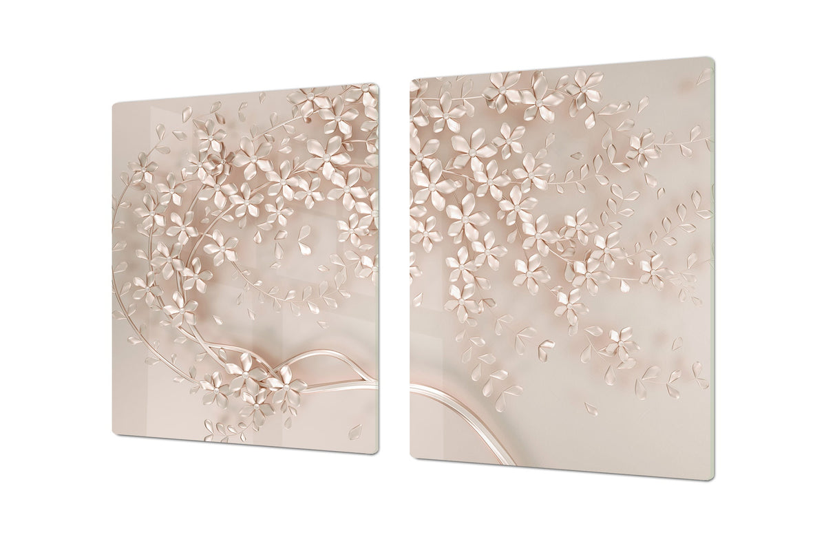 UNIQUE Tempered GLASS Kitchen Board – Impact & Scratch Resistant Cooktop cover – SINGLE: 80 x 52 cm; DOUBLE: 40 x 52 cm; DD39 Colourful Variety Series: Beige decorative tree