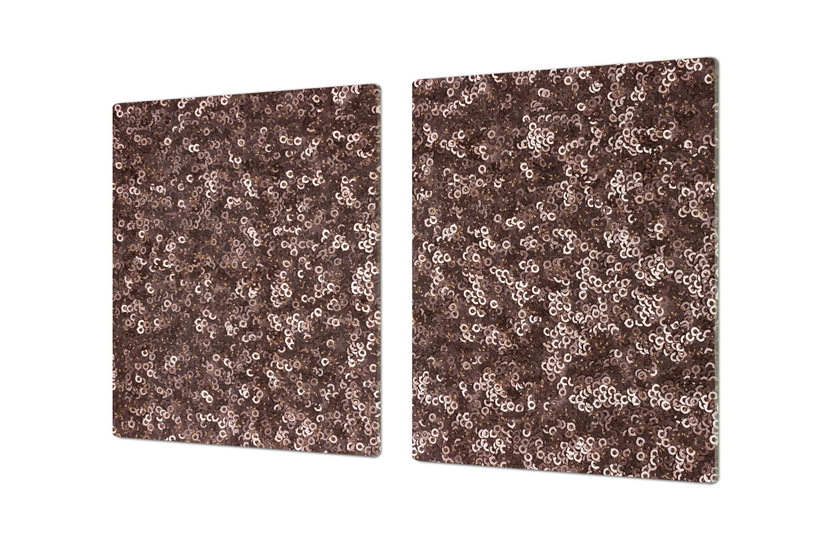 UNIQUE Tempered GLASS Kitchen Board – Impact & Scratch Resistant Cooktop cover – SINGLE: 80 x 52 cm; DOUBLE: 40 x 52 cm; DD39 Colourful Variety Series: Gold brown sequins