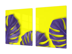 Planche à découper en verre trempé - Couvre-cuisinière, Série: GÉANT Protège-plan de travail et planche à pâtisserie; Série: Série extérieure DD19: Feuilles violettes 2