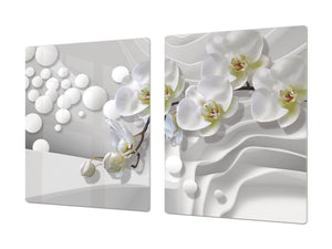 Induction Cooktop Cover – Glass Cutting Board- Flower series DD06B White orchid 1