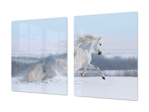 Riesig Schneidbrett aus Hartglas und schützende Arbeitsoberfläche; Animals series DD01: White horse