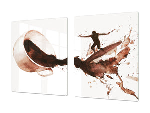 Sehr groß Küchenbrett aus Hartglas und Induktionskochplattenabdeckung; Coffee series DD07: Surfer on coffee
