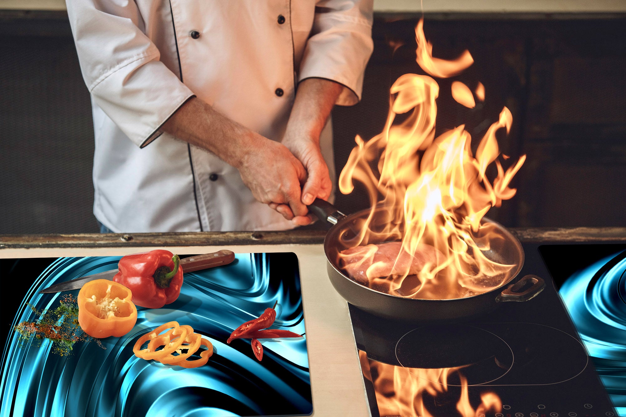 UNIQUE Tempered GLASS Kitchen Board – Impact & Scratch Resistant Cooktop cover – SINGLE: 80 x 52 cm; DOUBLE: 40 x 52 cm; DD39 Colourful Variety Series: Blue abstract composition