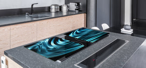 UNIQUE Tempered GLASS Kitchen Board – Impact & Scratch Resistant Cooktop cover – SINGLE: 80 x 52 cm; DOUBLE: 40 x 52 cm; DD39 Colourful Variety Series: Blue abstract composition