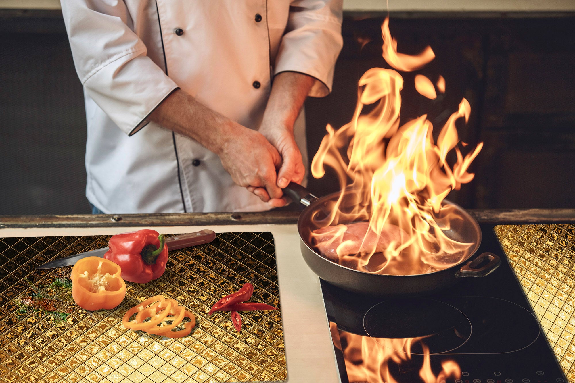 Gigantic Worktop saver and Pastry Board - Tempered GLASS Cutting Board - MEASURES: SINGLE: 80 x 52 cm; DOUBLE: 40 x 52 cm; DD38 Golden Waves Series: Sparkling pattern