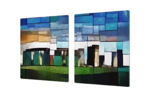 GIGANTIC CUTTING BOARD and Cooktop Cover - Glass Kitchen Board; SINGLE: 80 x 52 cm (31,5” x 20,47”); DOUBLE: 40 x 52 cm (15,75” x 20,47”); DD42 Paintings Series: Cubist Stonehenge