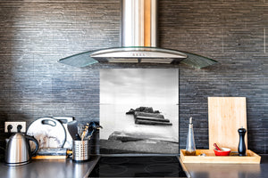 Einzigartiges Glas-Küchenpanel – Hartglas-Rückwand – Kunstdesign Glasaufkantung BS20 Serie Meerwasser:  Sea Stones