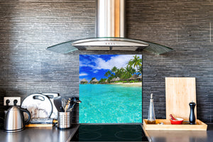 Glass kitchen backsplash – Photo backsplash BS20 Seawater Series: Palm Trees Sea Huts