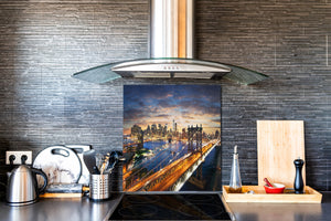 Einzigartiges Glas-Küchenpanel – Hartglas-Rückwand – Kunstdesign Glasaufkantung BS20 Serie Meerwasser:  Brooklyn Bridge 2