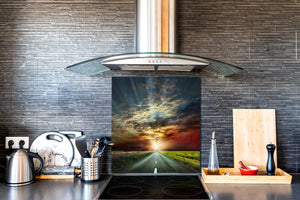 Einzigartiges Glas-Küchenpanel – Hartglas-Rückwand – Kunstdesign Glasaufkantung BS20 Serie Meerwasser:  Sunset Road