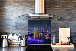 Magnifico paraschizzi in vetro stampato – Pannello in vetro temperato da cucina BS24 Serie ponti:  Ponte della città notturna