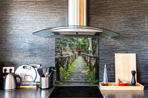 Magnifico paraschizzi in vetro stampato – Pannello in vetro temperato da cucina BS24 Serie ponti:  Ponte della foresta naturale