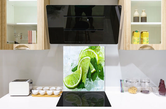 Glass kitchen splashback – Glass upstand BS09 Water splash Series: Lime Ice Cubes
