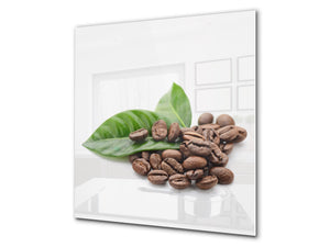 Arte murale stampata su vetro temperato – Paraschizzi in vetro da cucina BS05B Serie caffè B: Chicchi di caffè Foglia 1