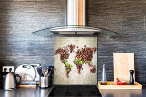 Arte murale stampata su vetro temperato – Paraschizzi in vetro da cucina BS05B Serie caffè B: Mappa del mondo del caffè