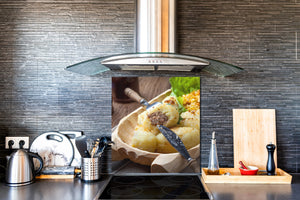 Magnifique antiprojections en verre imprimé – Panneau en verre de sécurité de cuisine BS23 Série nourriture traditionnelle européenne Dumplings Avec Viande