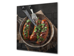 Aufgedrucktes Hartglas-Wandkunstwerk – Glasküchenrückwand BS23 Serie traditionelles europäisches Essen:  Grilled Sausage