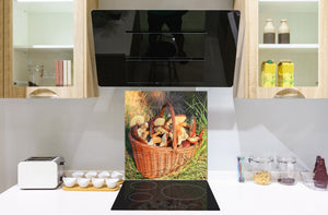 Panel de vidrio templado – Protector antisalpicaduras baños y cocinas – BS08 Serie setas y vegetales: Setas En La Canasta
