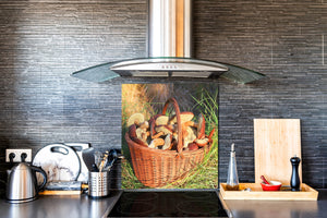 Panel de vidrio templado – Protector antisalpicaduras baños y cocinas – BS08 Serie setas y vegetales: Setas En La Canasta