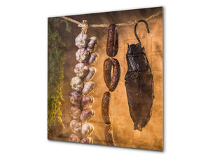 Aufgedrucktes Hartglas-Wandkunstwerk – Glasküchenrückwand BS23 Serie traditionelles europäisches Essen:  Garlic Sausage