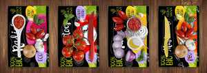 Lot de quatre planches à découper en verre trempé ; MD04 Série Fruits et Légumes: Aliments frais BIO