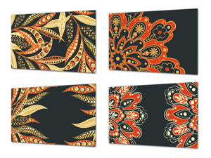 Juego de 4 tablas de cortar de vidrio templado con diseños modernos; Serie étnica MD01: Diseños de alfombra roja 