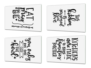 4 Schneidbretter mit modernen Designs – Hartglas-Tabletts; MD07 Aphorisms Series: Kitchen with Love.