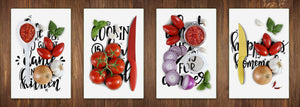 4 Schneidbretter mit modernen Designs – Hartglas-Tabletts; MD07 Aphorisms Series: Happy kitchen