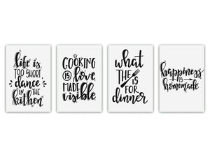 4 Cutting Boards with Modern Designs – Tempered Glass Serving Trays; MD07 Aphorisms Series:Happy kitchen