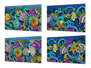 Four Kitchen Cutting Boards - 8 x 12 inch Glass Chopping boards; MD08 Full of Color Series:Underwater life