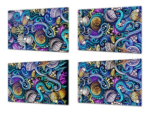 Quatre planches de cuisine – Planches à découper en verre; MD08 Série Pleine de couleur:La vie marine griffonnages