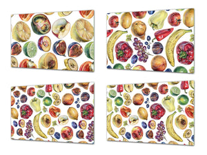 Lot de quatre planches à découper en verre trempé ; MD04 Série Fruits et Légumes: Dessiné à la main de la nourriture végétalienne