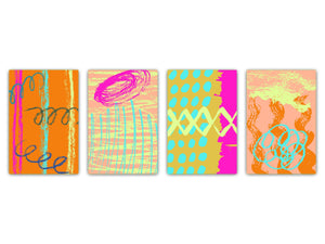 Set von vier dekorativen Schneidbrettern aus Glas – Servierplatten – Käsebretter; MD09 Abstract painting Series: Hand Drawn Paints 2