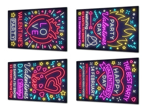 Planches à découper (lot de 4 pièces) en verre non poreux ; MD05 Série néon: Neon doodles Saint Valentin