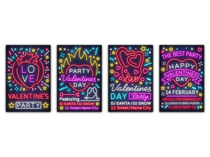 Glass Kitchen Cutting Boards (4-Piece Set) Non-porous glass; MD05 Neon Series:Neon doodles Valentines day