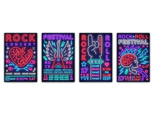 Glass Kitchen Cutting Boards (4-Piece Set) Non-porous glass; MD05 Neon Series:Neon Rock n Roll Music