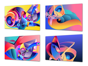 Set von vier dekorativen Schneidbrettern aus Glas – Servierplatten – Käsebretter; MD09 Abstract painting Series: Geometric space art