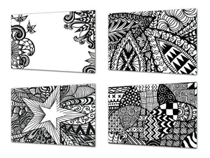 Set of 4 Chopping Boards from Tempered Glass with modern designs; MD01 Ethnic Series:Hand drawn zentangle