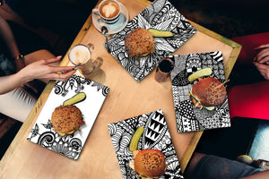 Set of 4 Chopping Boards from Tempered Glass with modern designs; MD01 Ethnic Series:Hand drawn zentangle