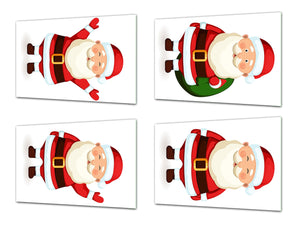 Set of four Glass Cutting Boards from toughened glass; MD11 Christmas Series: Santa Claus the Chubby