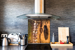 Paraschizzi in vetro temperato stampato – Paraspruzzi da cucina in vetro BS23 Serie cibo tradizionale europeo: Salsiccia all'aglio