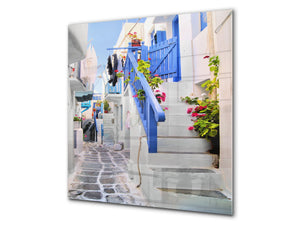 Soporte de vidrio - Placa para salpicaduras de fregadero ; Serie ciudades BS25  Callejón de Grecia 2