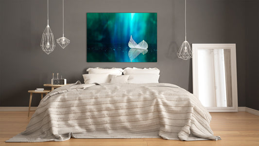 Modern Glass Picture - Contemporary Wall Art SART04 Flowers and leaves Series: Leaf on a lake mirror surface