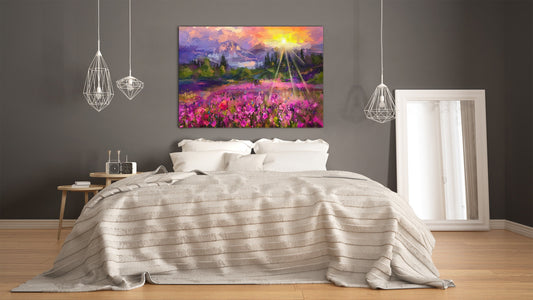 Glass Print Wall Art – Image on Glass  SART05 Miscellanous Series: Abstract oil painting - colorful meadow at sunset